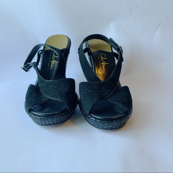 Cole Haan // Black Suede Criss Cross Woven Wedge Heels 6 - Picture 2 of 9